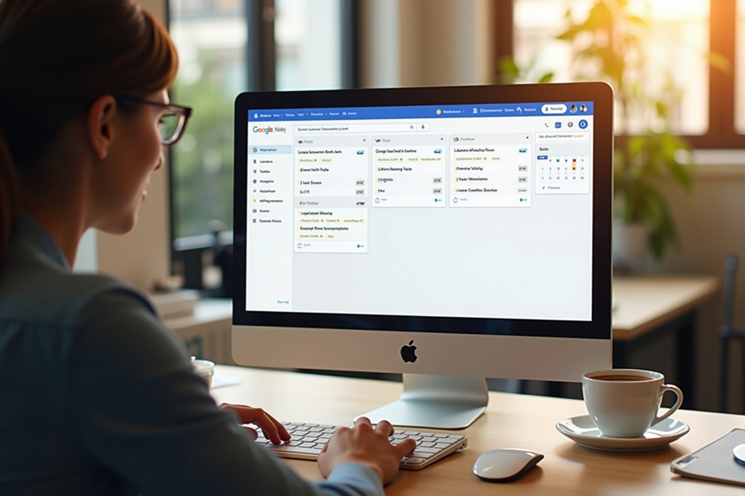 Femme utilisant un ordinateur de bureau dans un bureau lumineux.