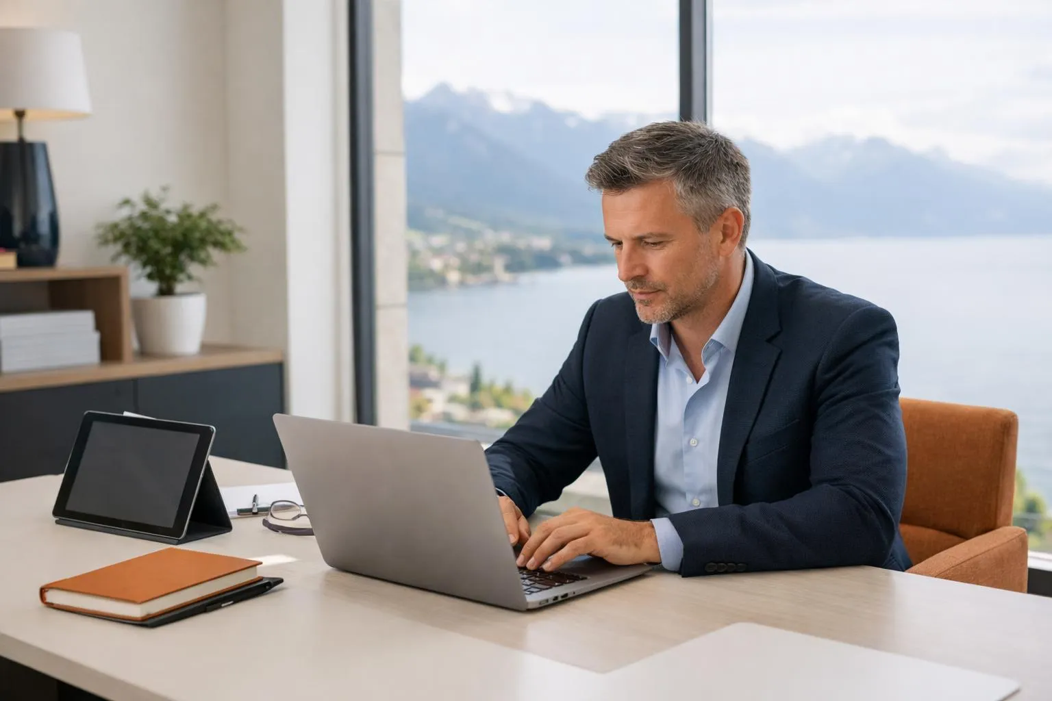 Homme d'affaires travaillant sur ordinateur portable avec vue sur le paysage.