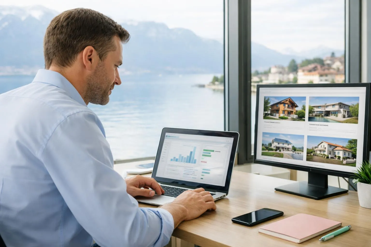 Un homme d'affaires analysant des données immobilières sur son ordinateur portable.