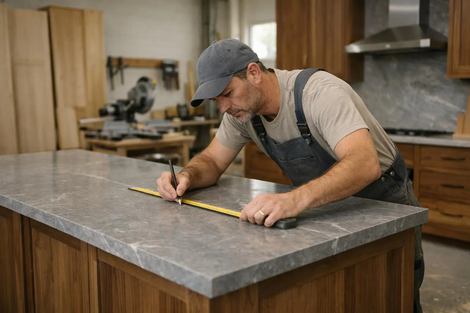 Homme en tenue de travail mesurant une surface en pierre dans un atelier.