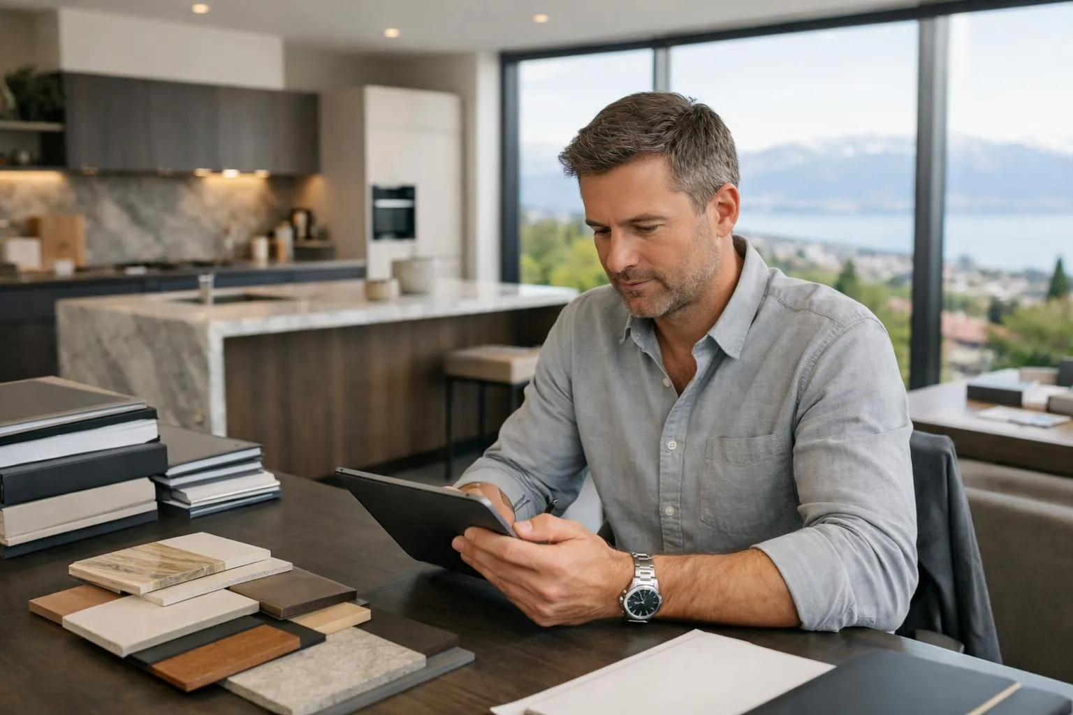 Un homme d'affaires réfléchissant sur une tablette dans une cuisine moderne.