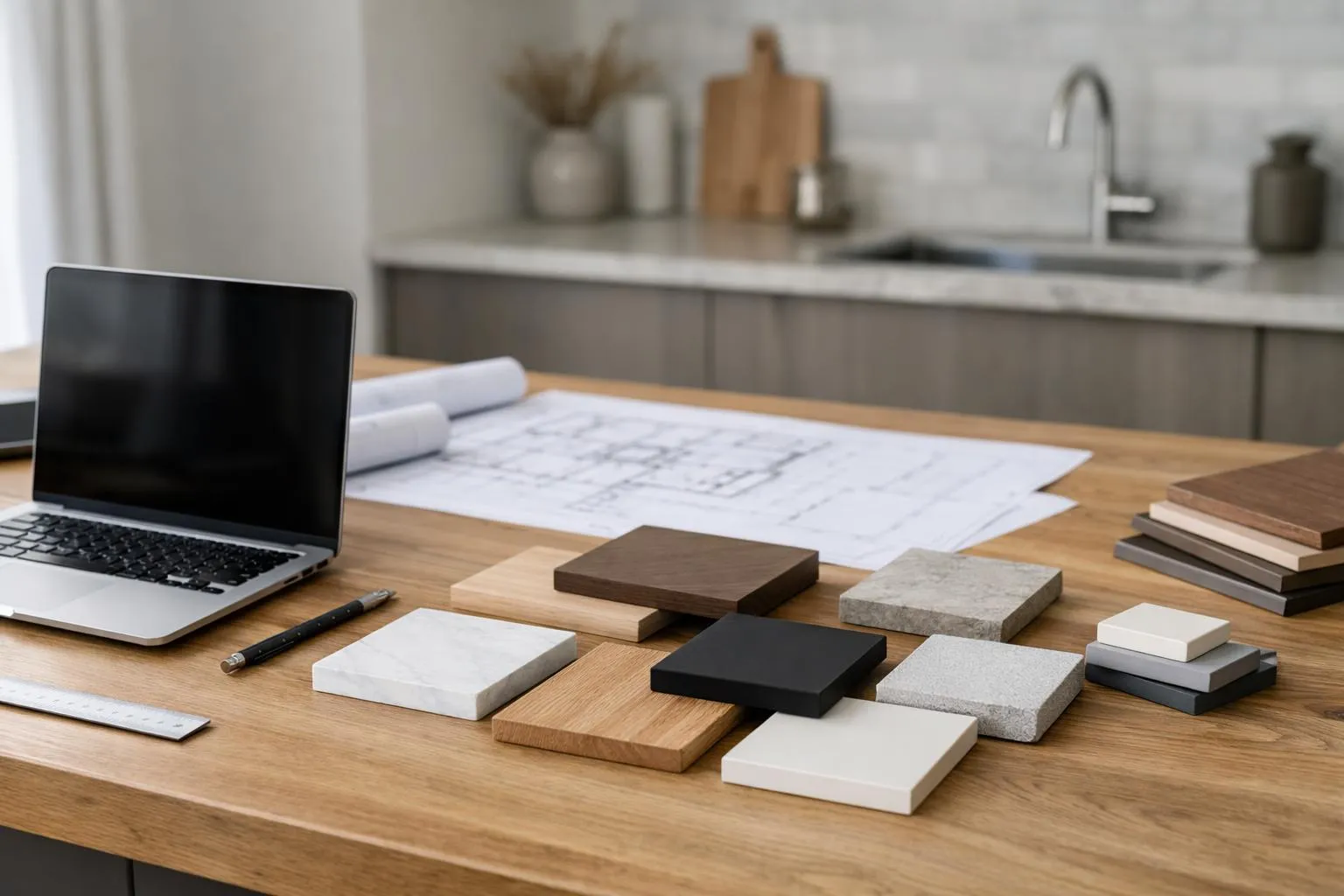 Bureau de travail avec ordinateur portable et échantillons de matériaux.