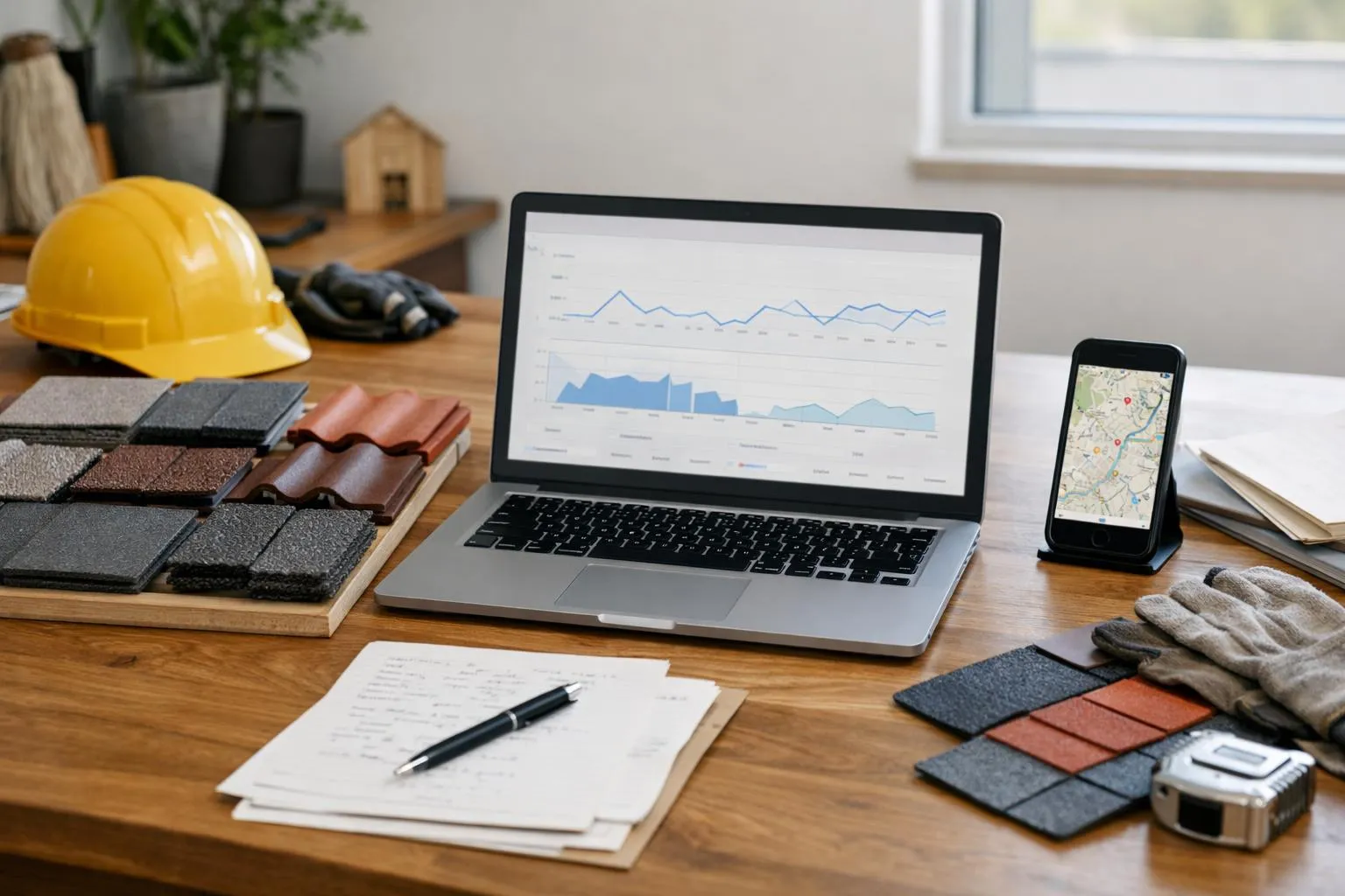 Bureau de travail avec ordinateur portable, téléphone, outils de construction et documents.