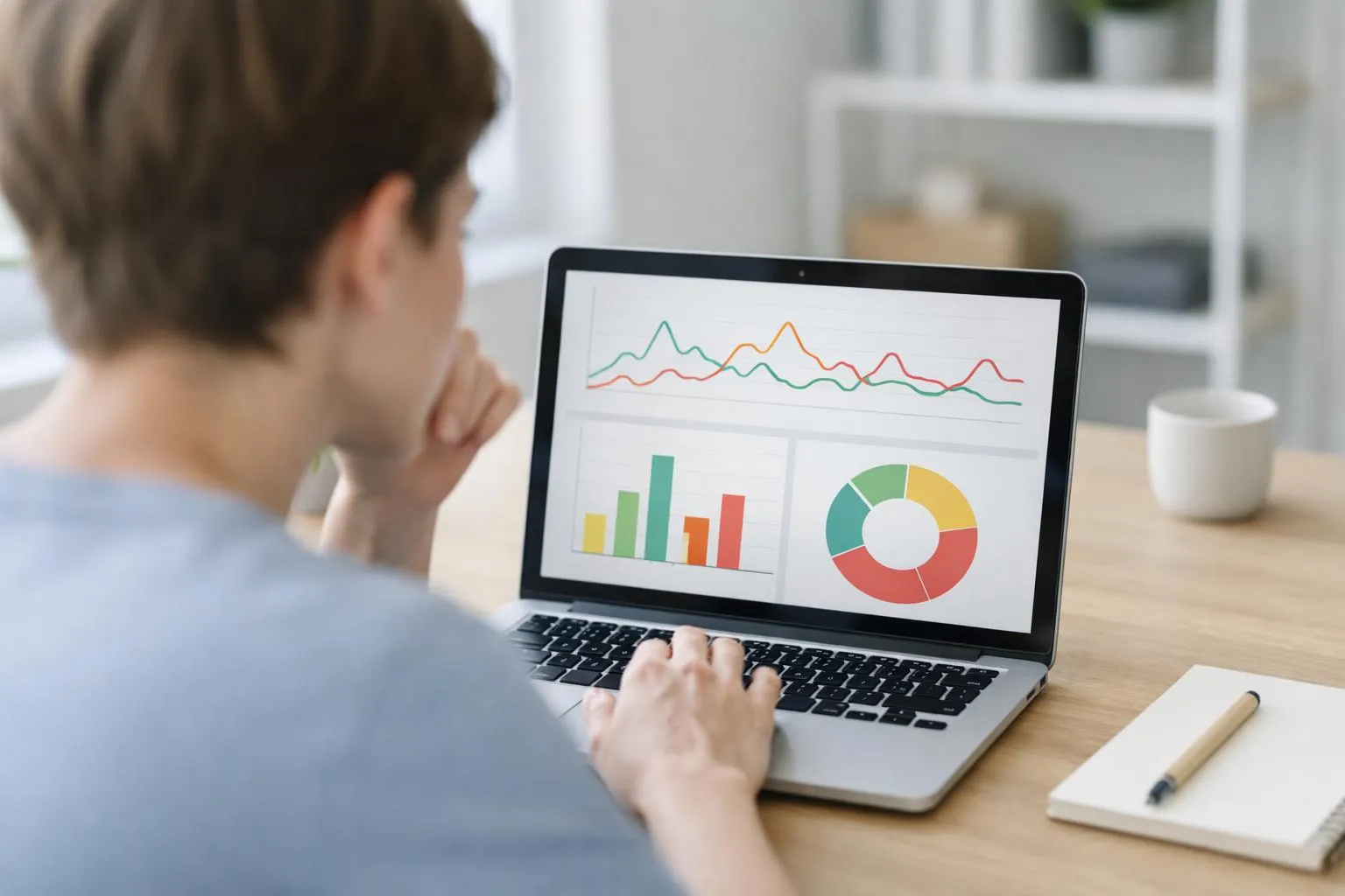 Personne analysant des graphiques et des données sur un ordinateur portable.