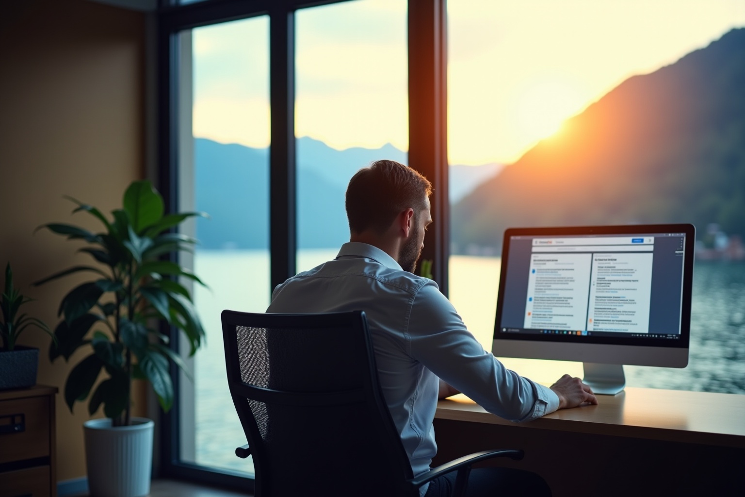 Homme d'affaires travaillant sur ordinateur avec vue panoramique sur montagnes.