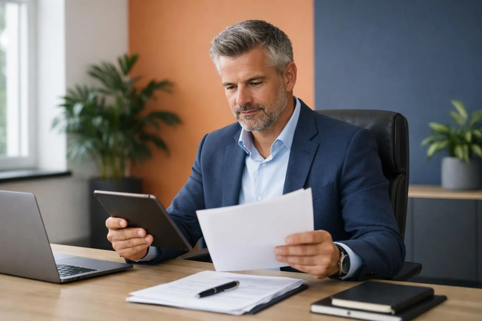 Homme d'affaires mûr travaillant sur des documents dans son bureau.