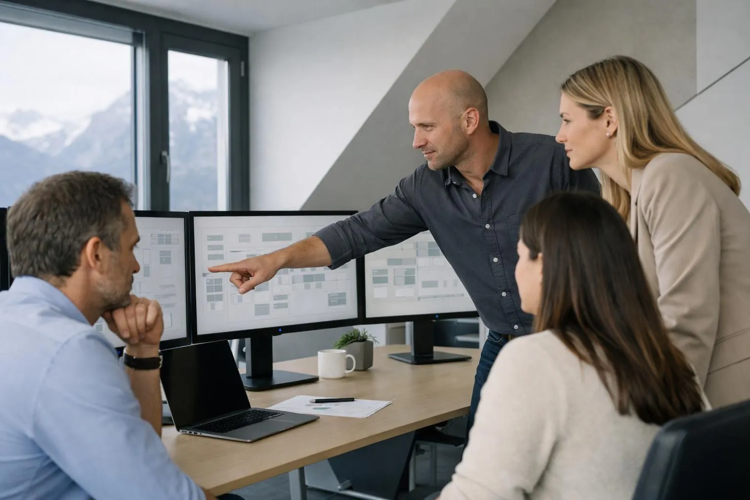 Réunion d'équipe dans un bureau moderne, discussion autour d'un écran d'ordinateur.