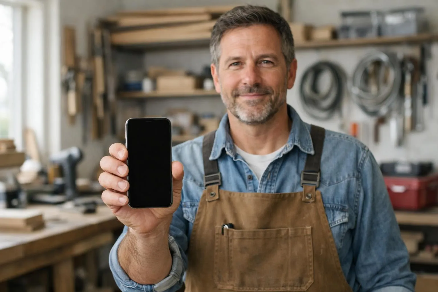 Homme mature en salopette tenant un téléphone portable dans son atelier.