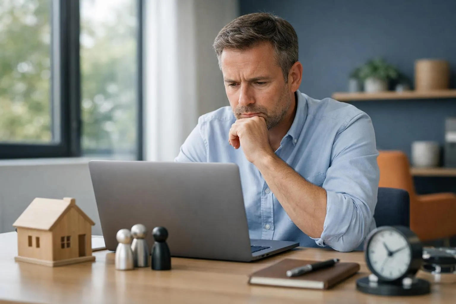 Homme d'affaires réfléchissant devant un ordinateur portable sur son bureau.