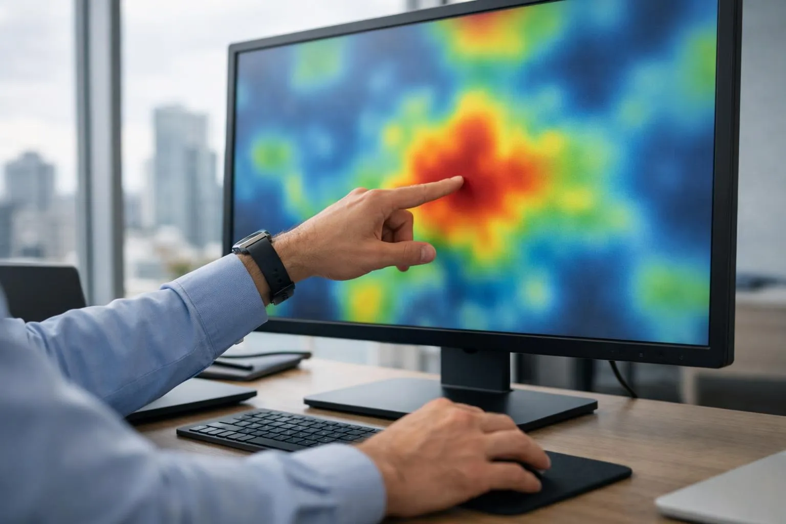 Écran d'ordinateur affichant une image thermique colorée avec un doigt pointant.