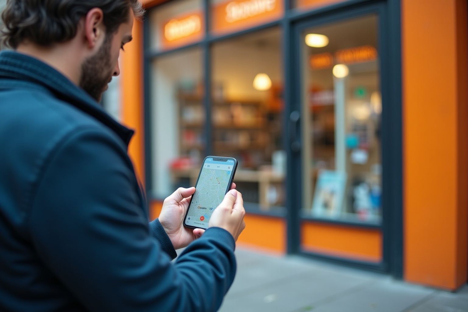 Homme utilisant un téléphone portable pour consulter une carte dans la rue.