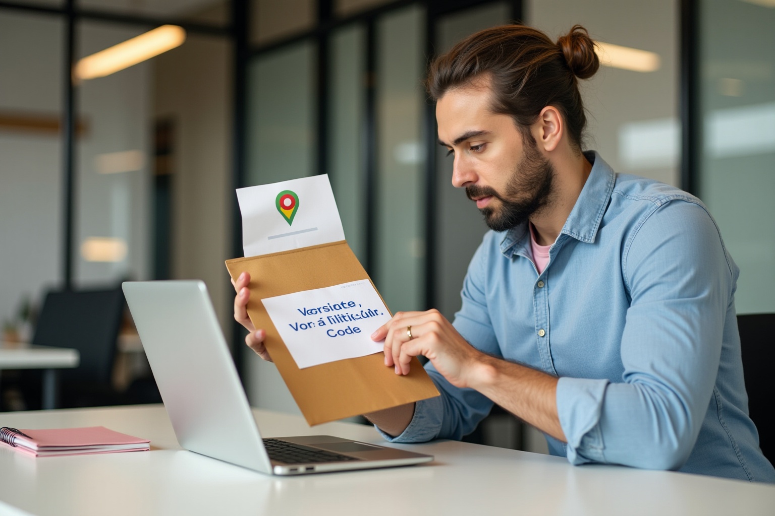 Homme barbu utilisant un ordinateur portable et tenant un document.