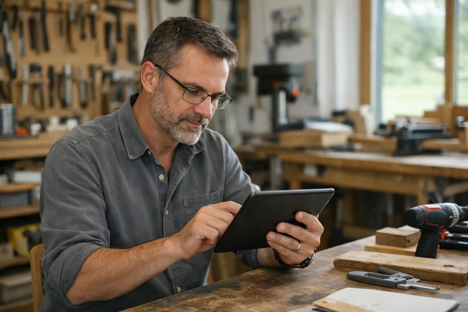 Un homme barbu concentré sur une tablette dans un atelier de menuiserie.