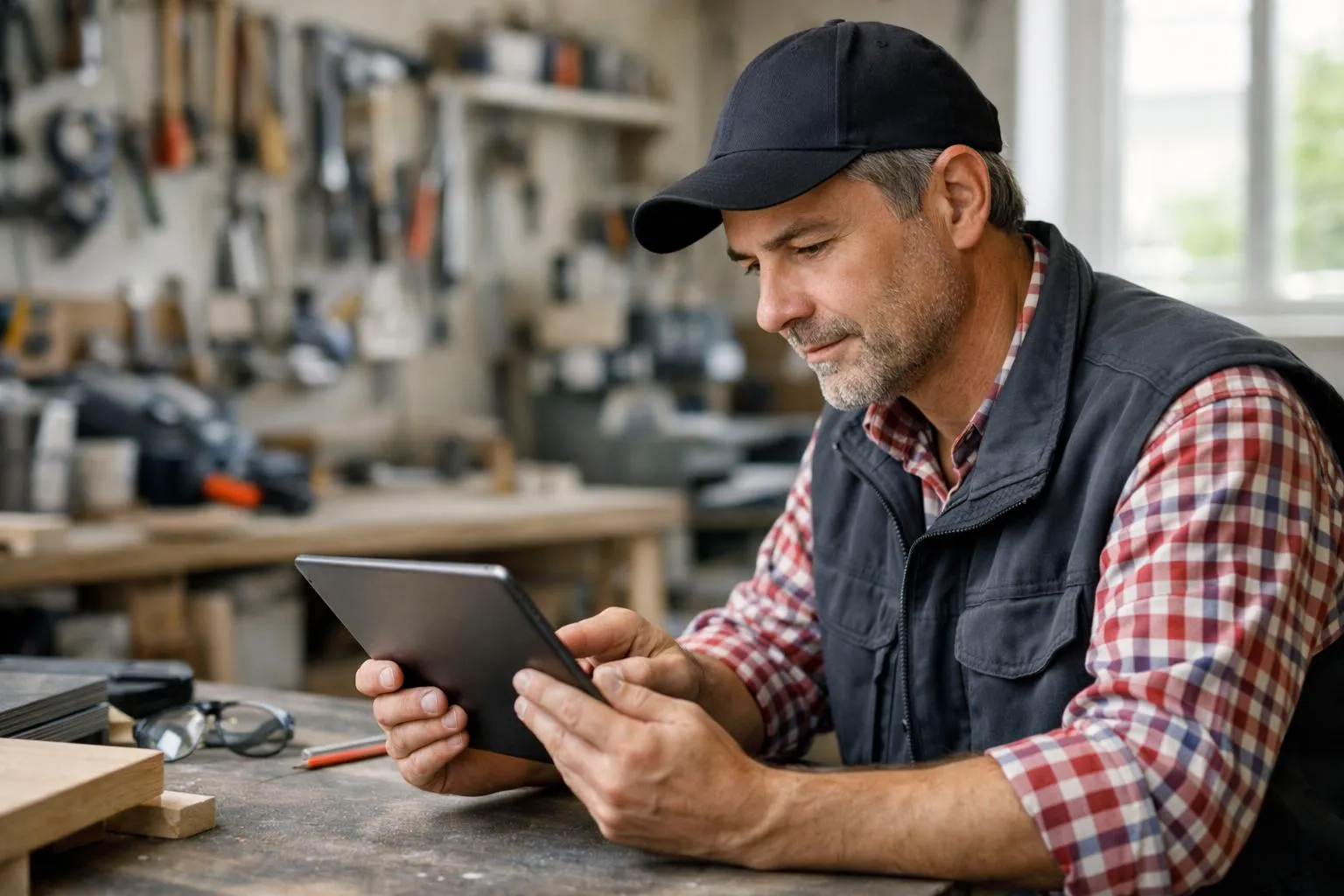 Homme mature utilisant une tablette dans un atelier de bricolage.