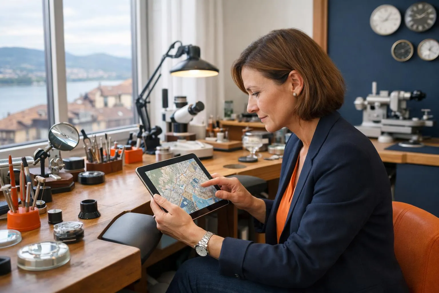 Femme d'affaires examinant une carte sur une tablette numérique dans un bureau avec vue sur la ville.