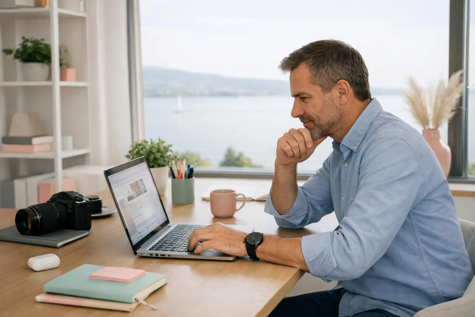 Homme d'affaires travaillant sur un ordinateur portable dans un bureau avec vue sur la nature.