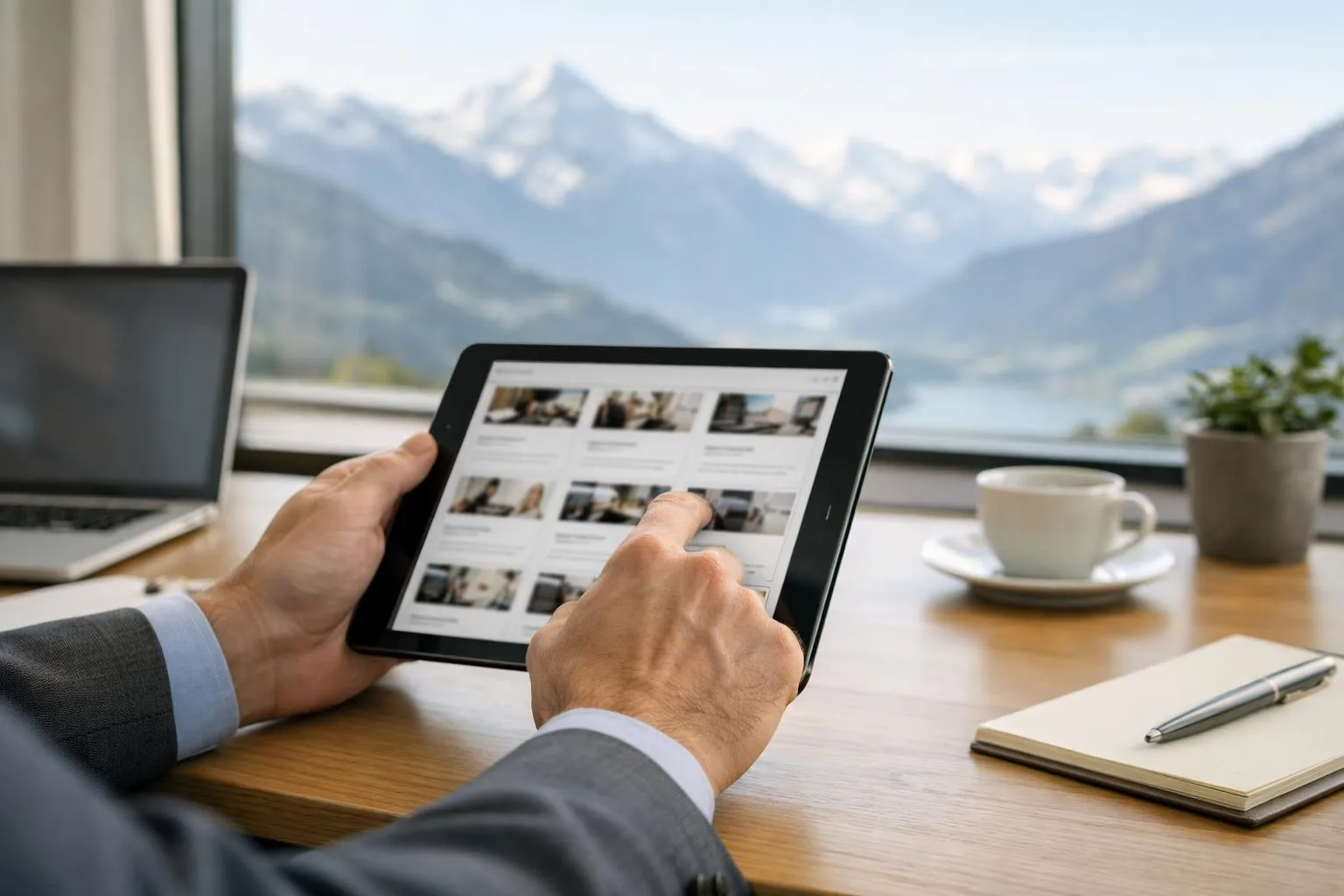 Homme d'affaires consultant des photos sur une tablette numérique, avec un paysage montagneux en arrière-plan.