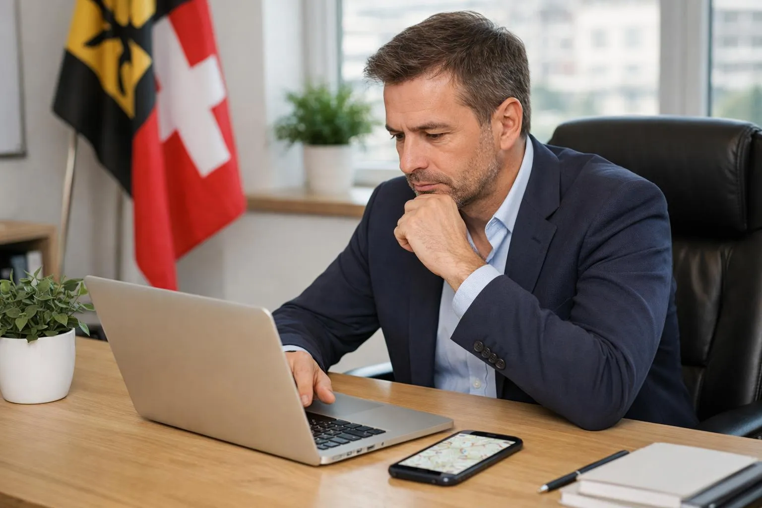 Homme d'affaires concentré travaillant sur un ordinateur portable dans son bureau.