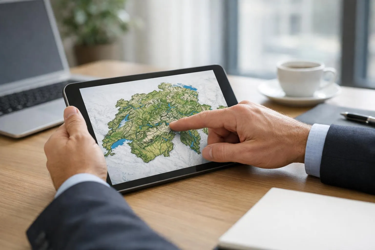 Homme d'affaires examinant une carte géographique sur une tablette numérique.