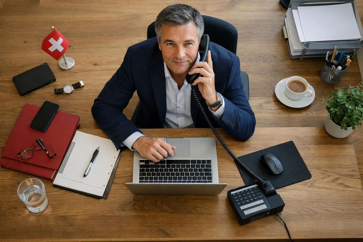 Homme d'affaires mature au téléphone, travaillant sur ordinateur portable dans son bureau.