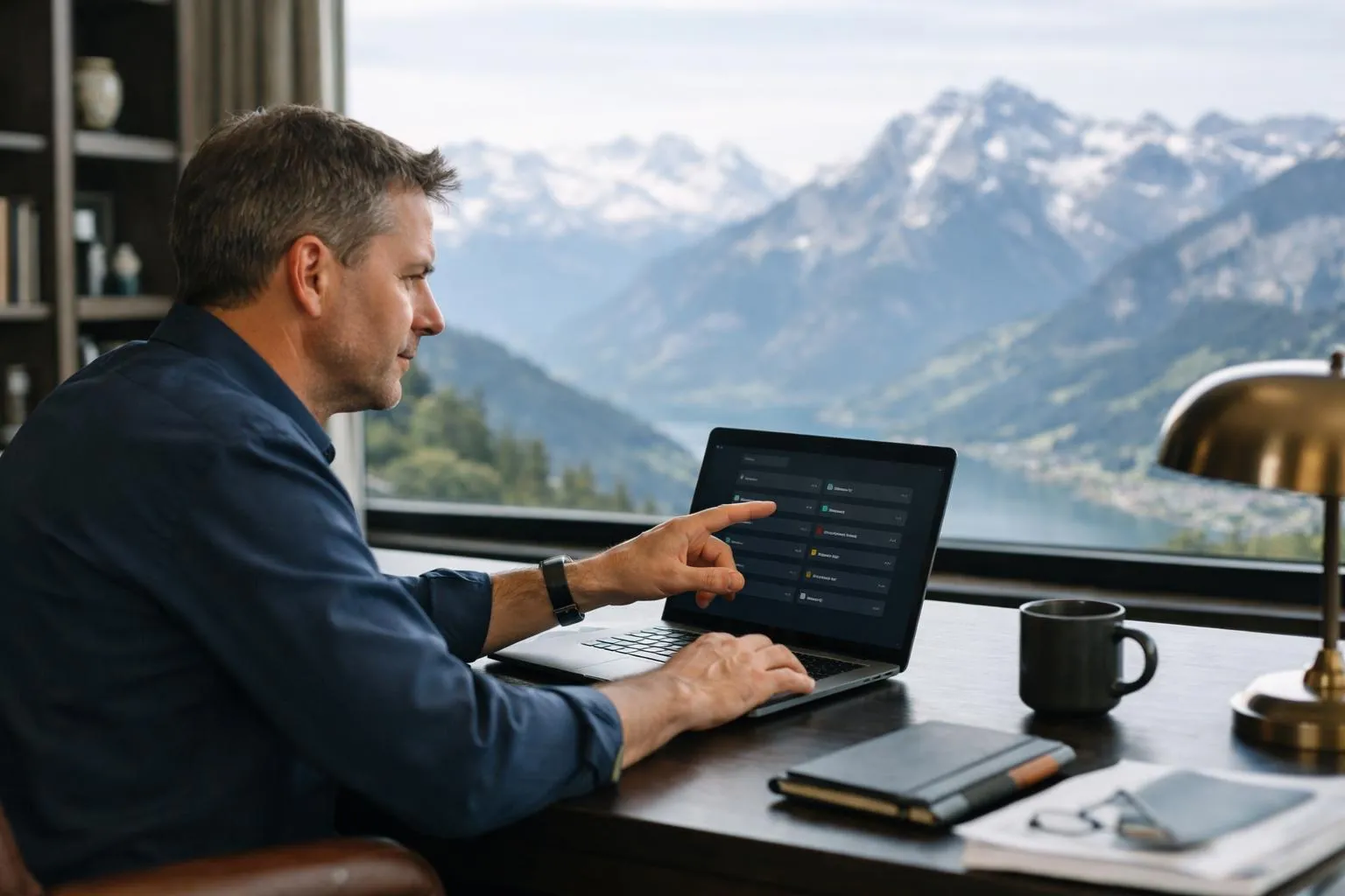 Homme d'affaires travaillant sur un ordinateur portable avec vue sur les montagnes.