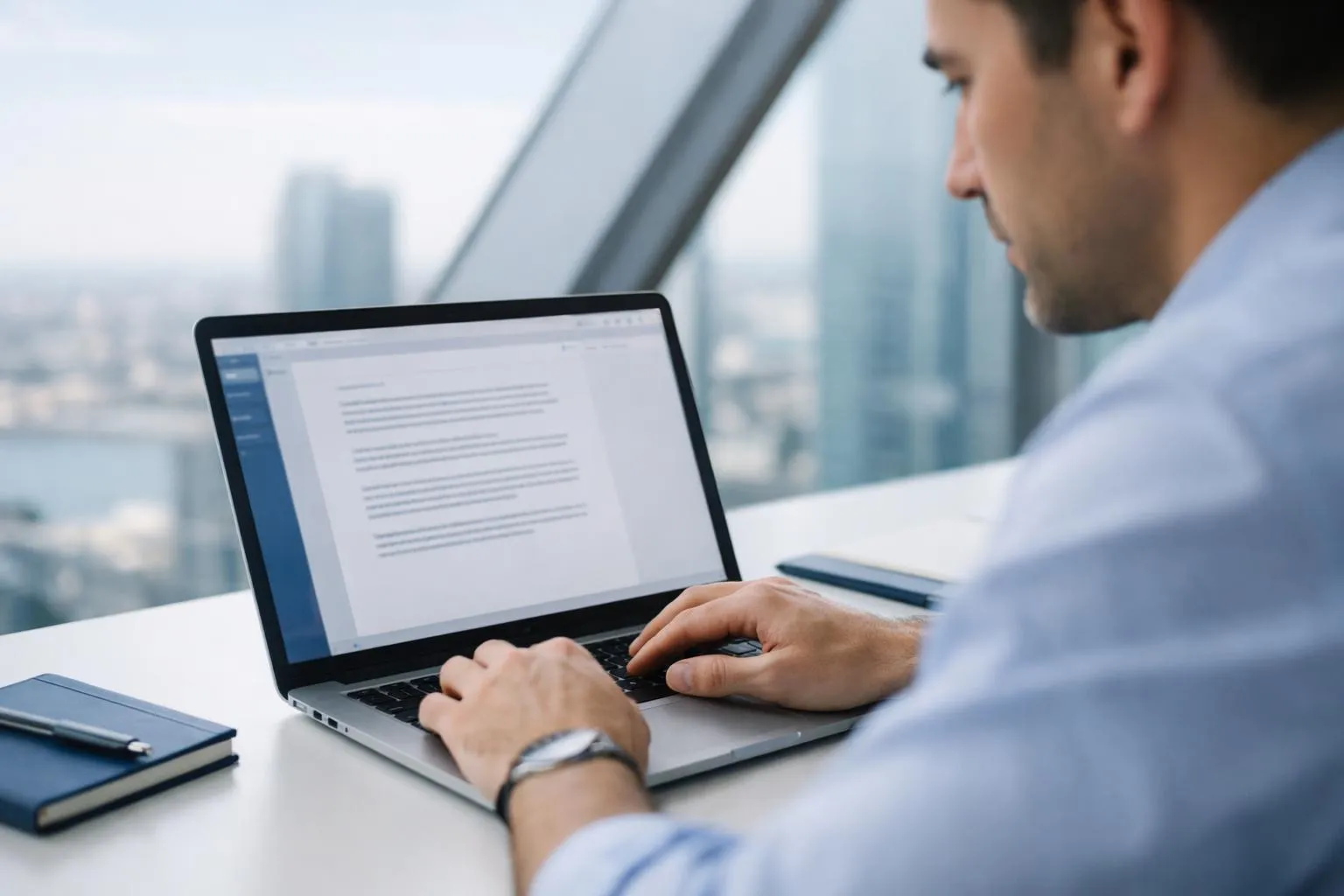 Homme d'affaires travaillant sur un ordinateur portable dans un bureau avec vue sur la ville.