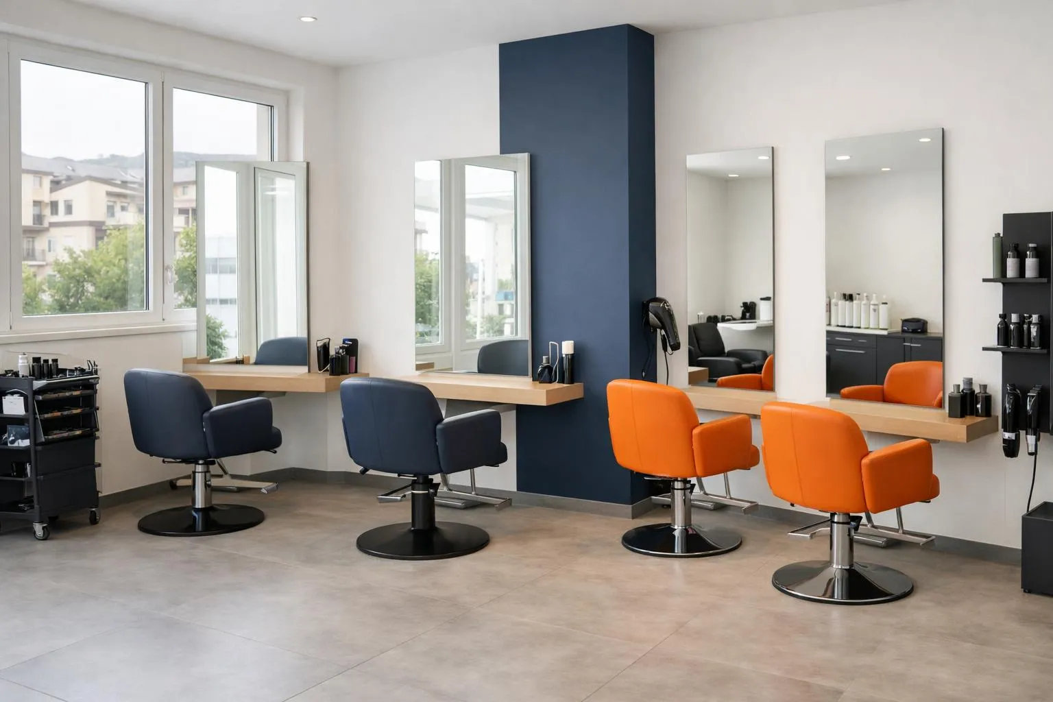 Salon de coiffure moderne avec chaises orange et miroirs.