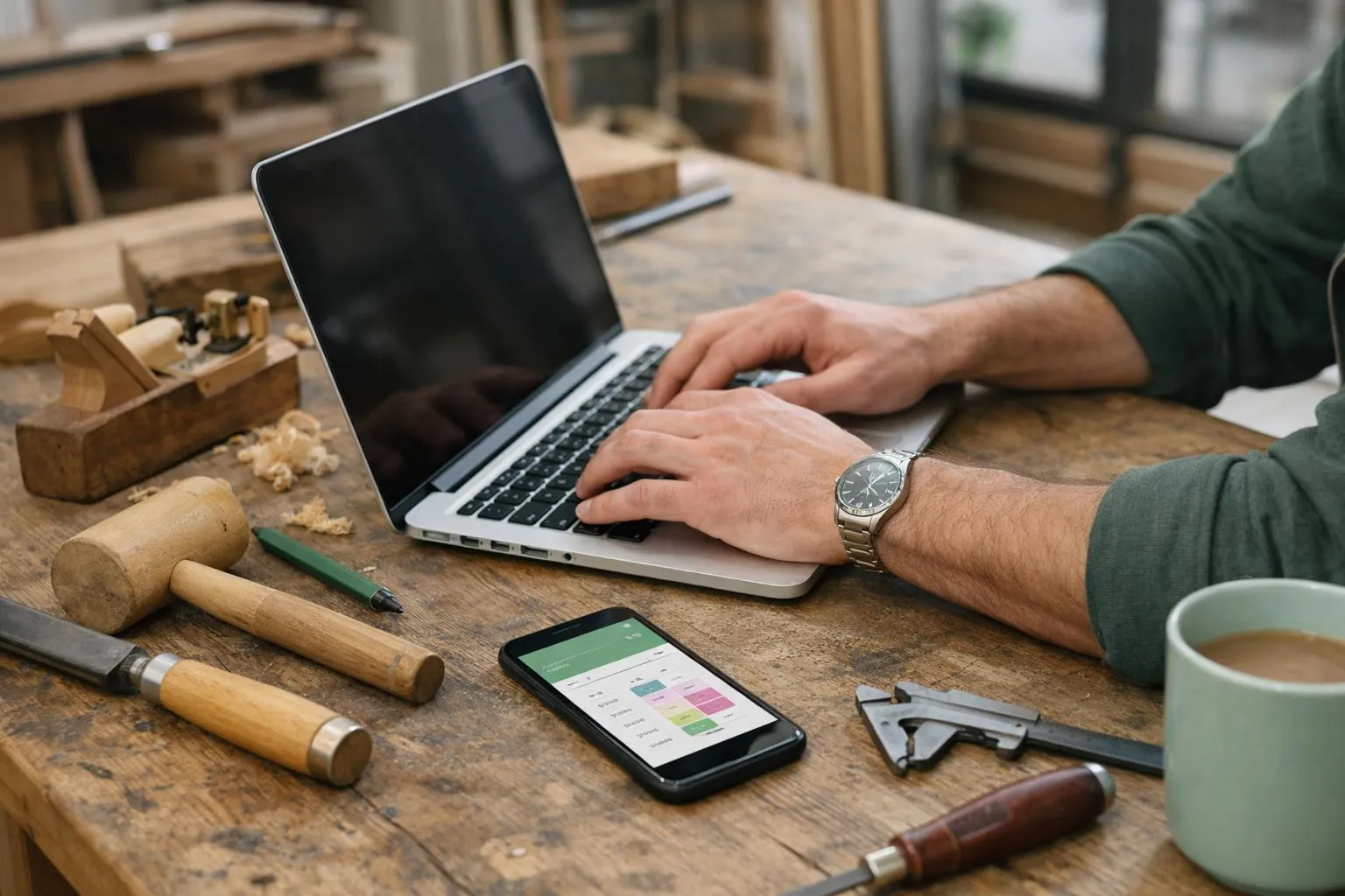 Homme travaillant sur un ordinateur portable dans un atelier de menuiserie.