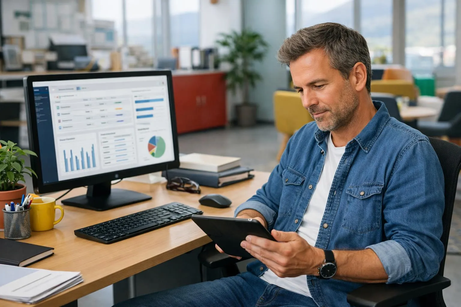 Un homme d'affaires concentré utilise une tablette dans un bureau moderne.