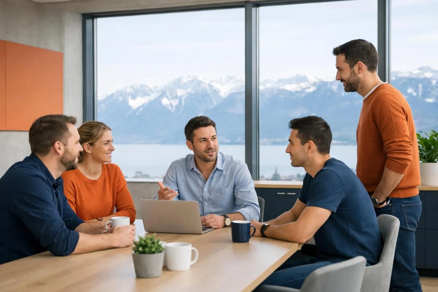 Swiss web development team in modern Lausanne office discussing website pricing on computer screens with Alps visible through windows, professional workspace with designers and developers collaborating
