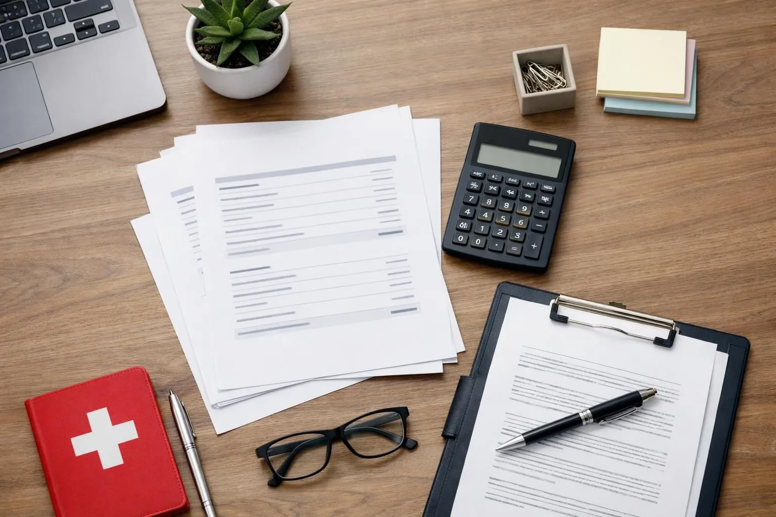 Business professionals reviewing transparent website cost breakdown documents at modern Swiss office table, calculator and contract visible, professional lighting, realistic business photography style