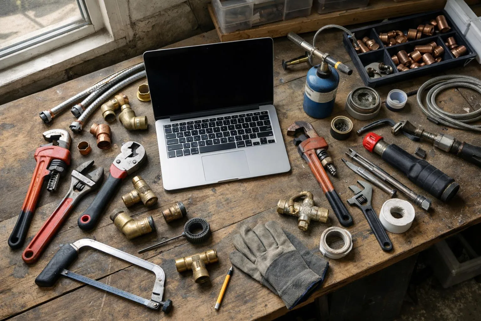Outils de plomberie, ordinateur portable et équipement de réparation sur un établi.