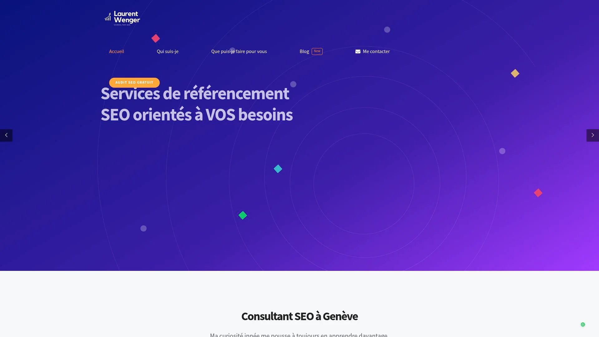Site web d'un consultant SEO à Genève, avec services de référencement orientés aux besoins des utilisateurs.