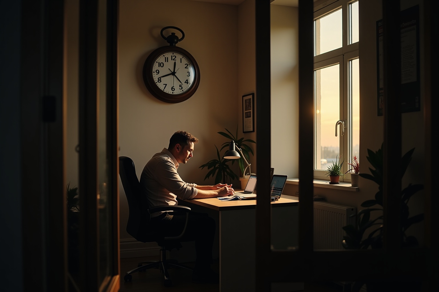 Homme travaillant sur un ordinateur portable dans un bureau sombre.