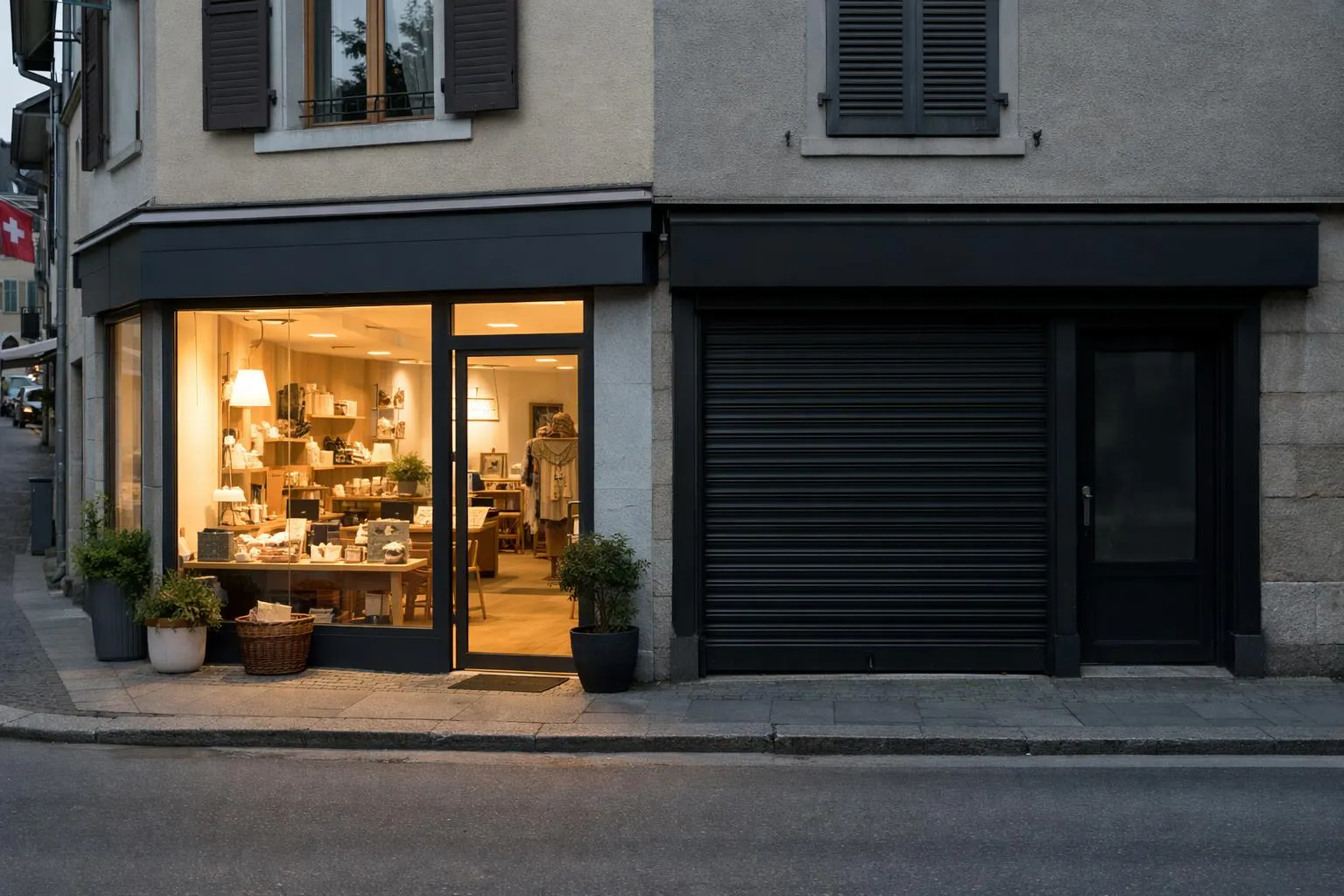 Boutique de décoration intérieure avec vitrine éclairée.