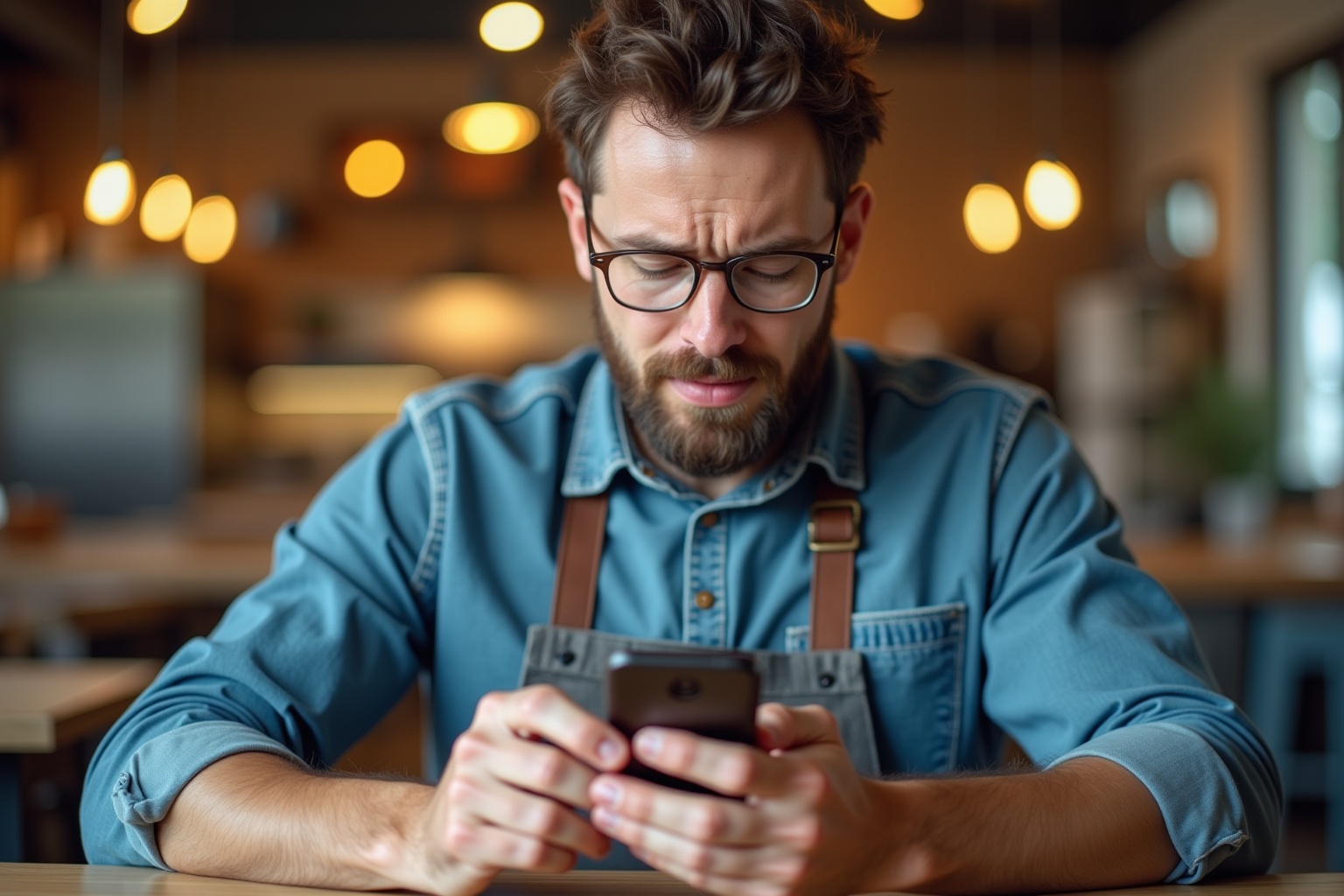 Homme barbu concentré sur son téléphone portable dans un café.