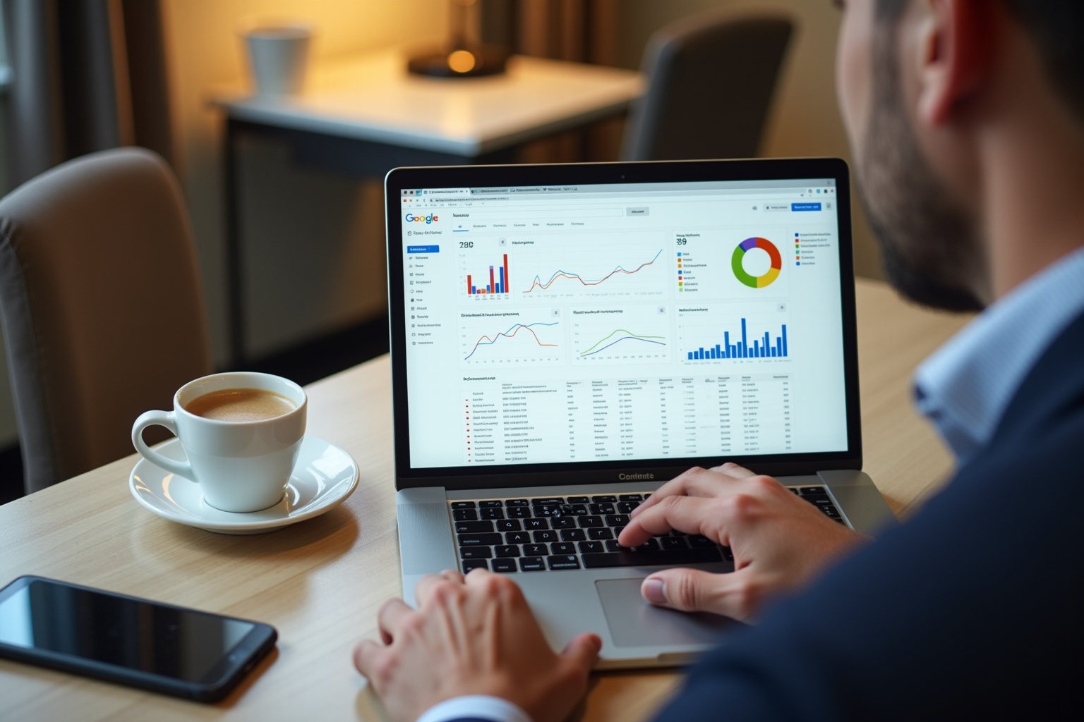 Ordinateur portable affichant des graphiques et des données analytiques, avec une tasse de café sur le côté.