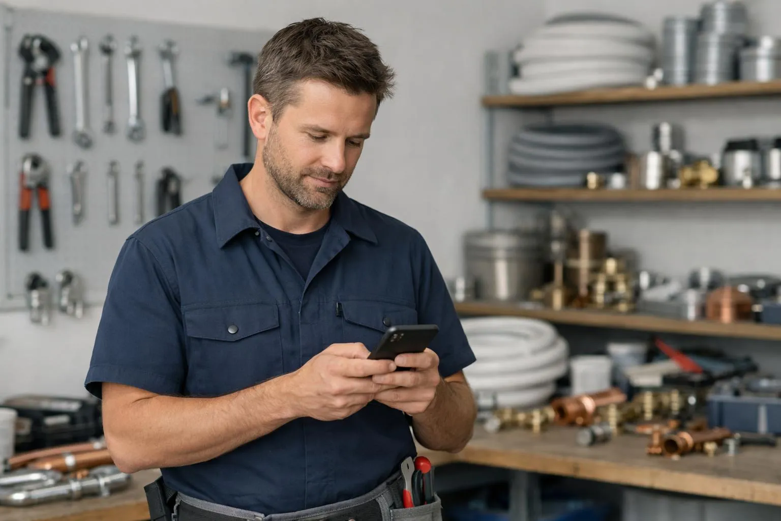 Un homme barbu en uniforme bleu utilisant un téléphone portable dans un atelier.