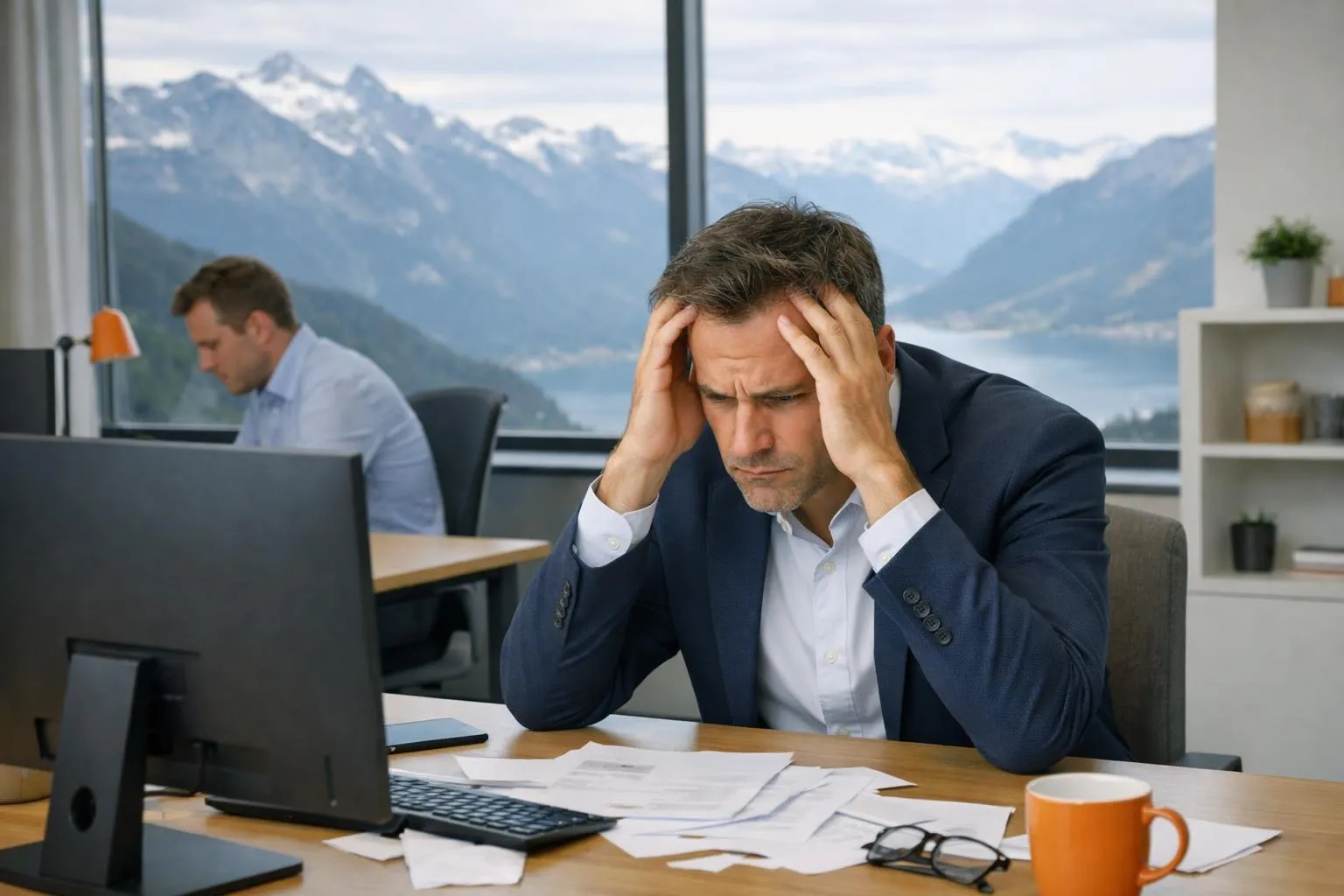 Homme d'affaires stressé dans un bureau avec vue sur les montagnes.