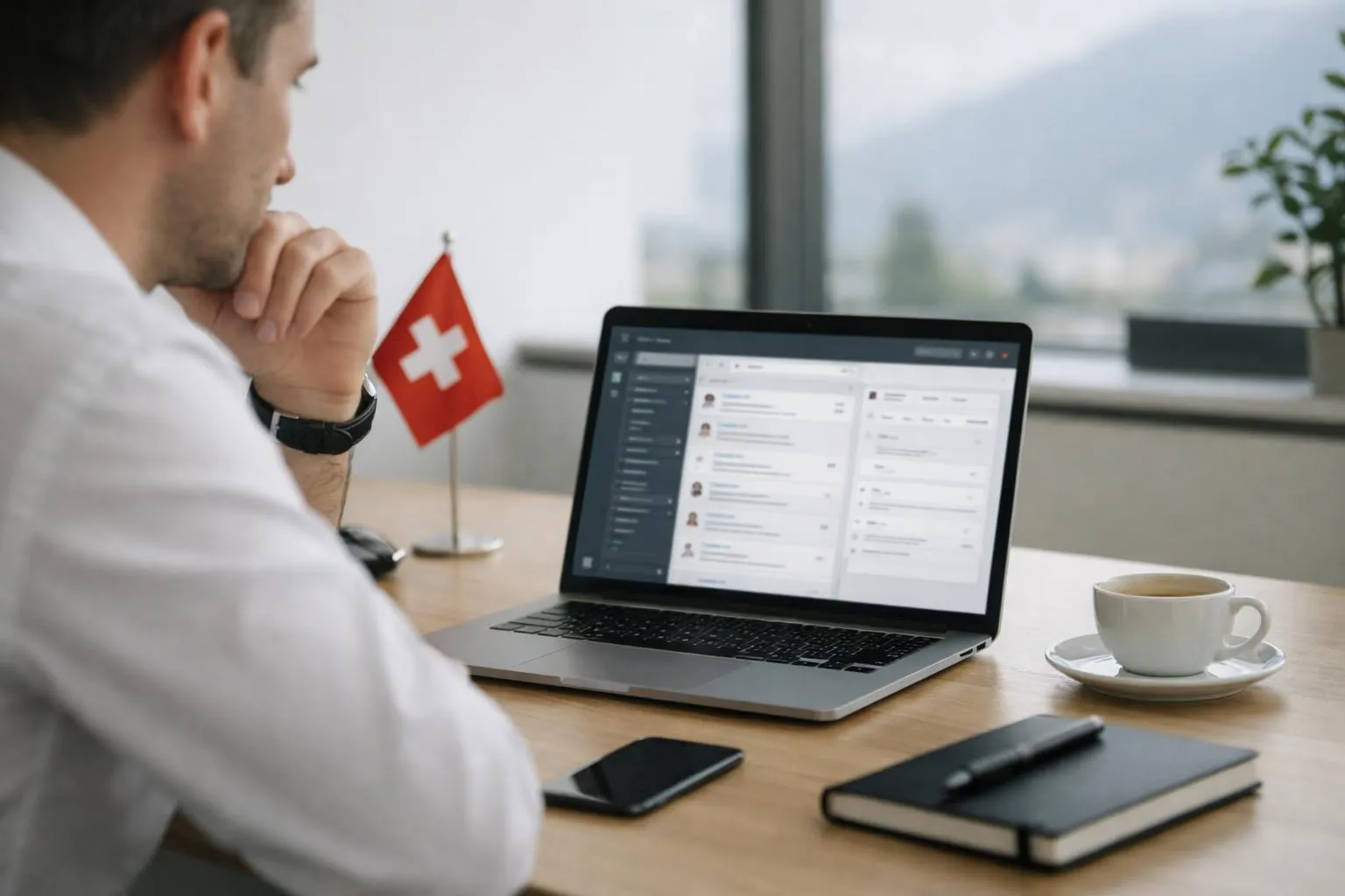 Homme d'affaires suisse travaillant sur un ordinateur portable avec un drapeau suisse.
