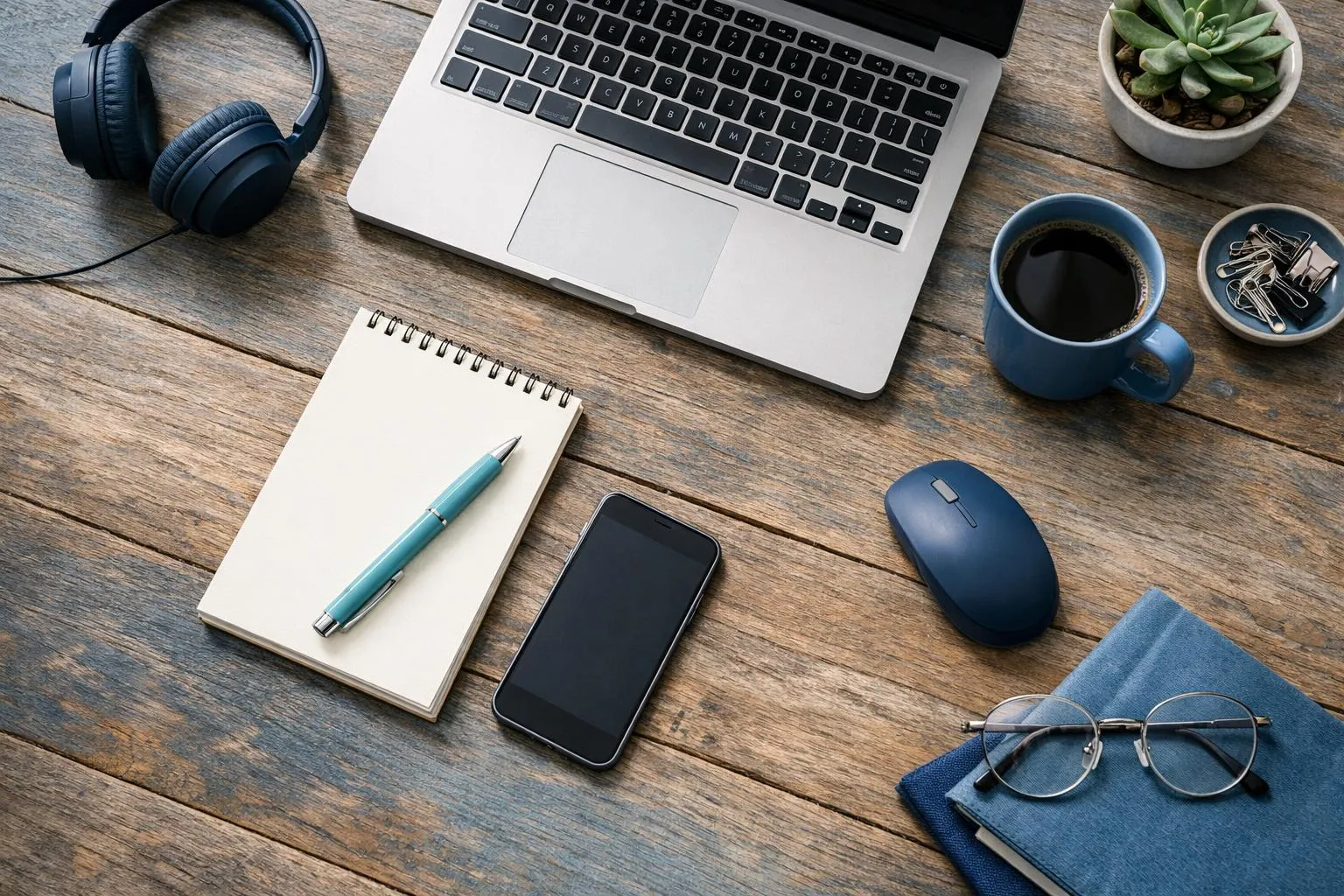 Bureau de travail avec ordinateur portable, casque audio, stylo, bloc-notes, téléphone, souris et tasse de café.
