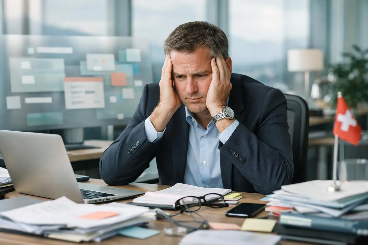 Homme d'affaires stressé au bureau avec ordinateur portable et documents.