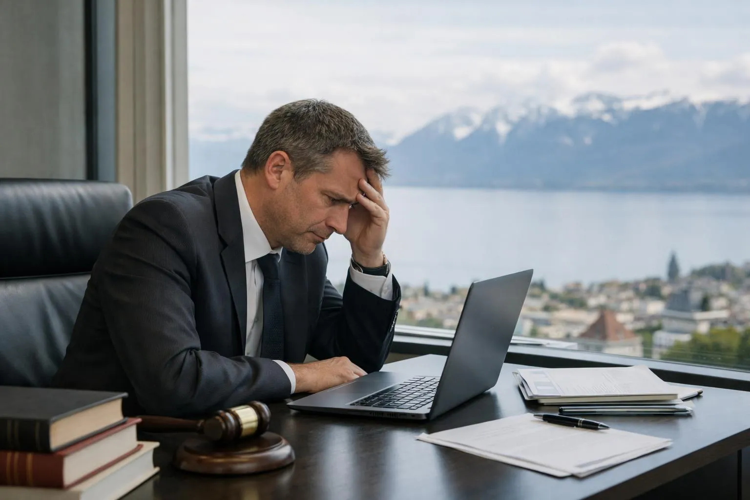 Homme d'affaires stressé travaillant sur un ordinateur portable dans un bureau avec vue sur les montagnes.