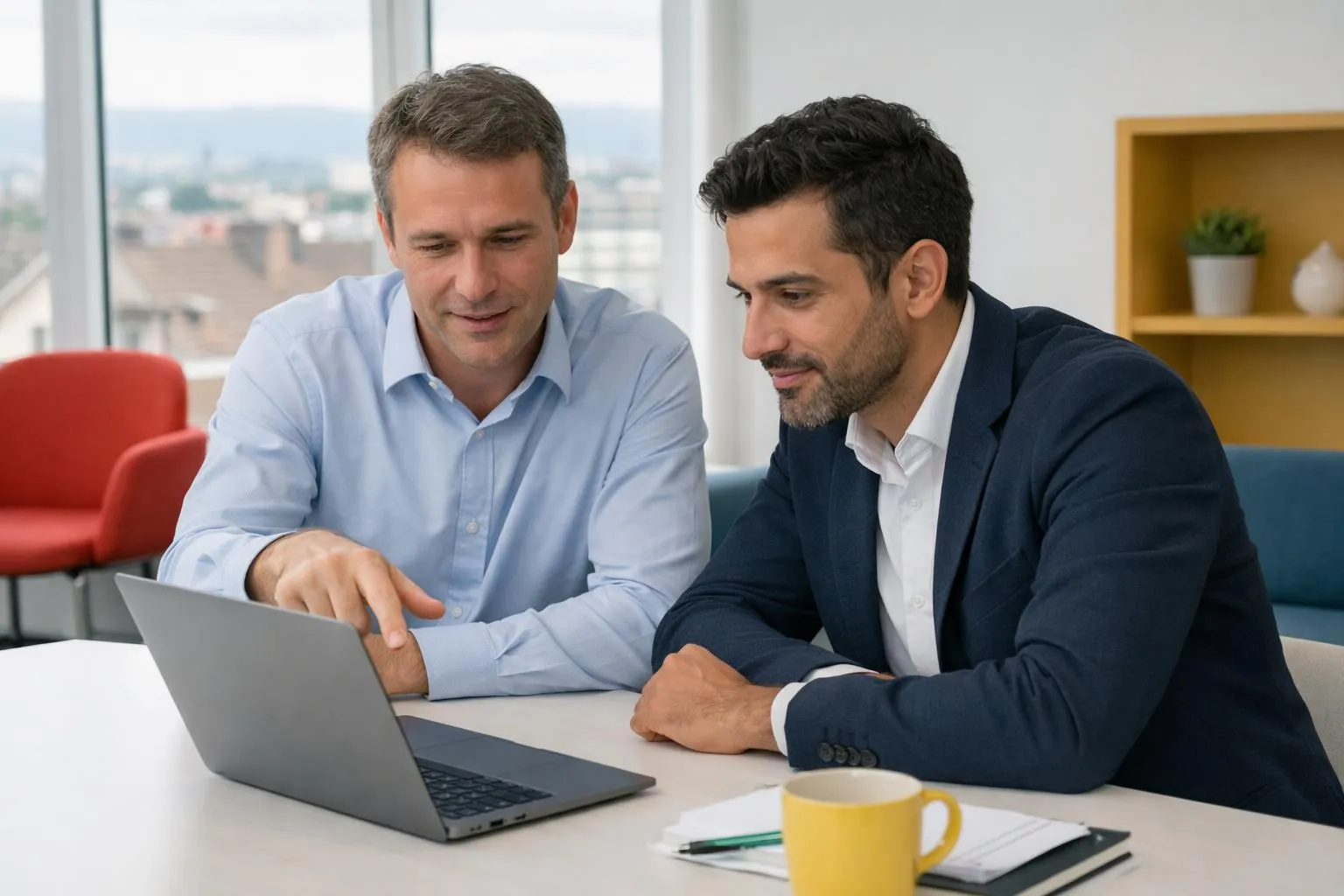 Deux hommes d'affaires en discussion autour d'un ordinateur portable.