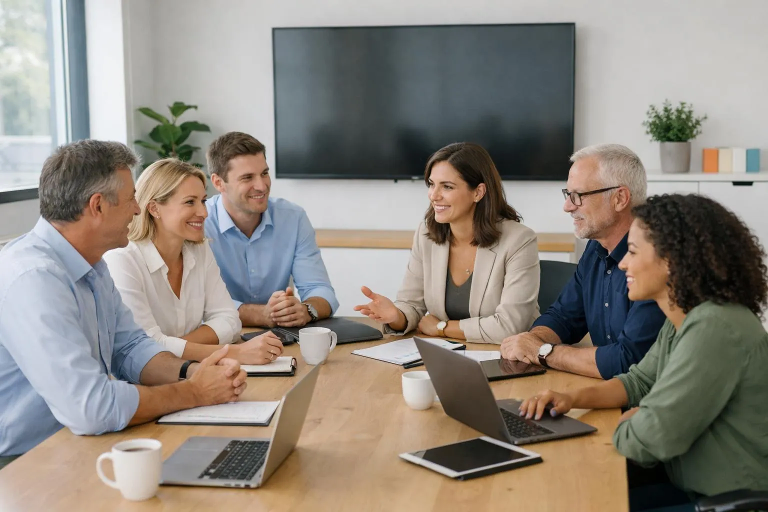 Groupe de professionnels en réunion de travail dans un bureau moderne.