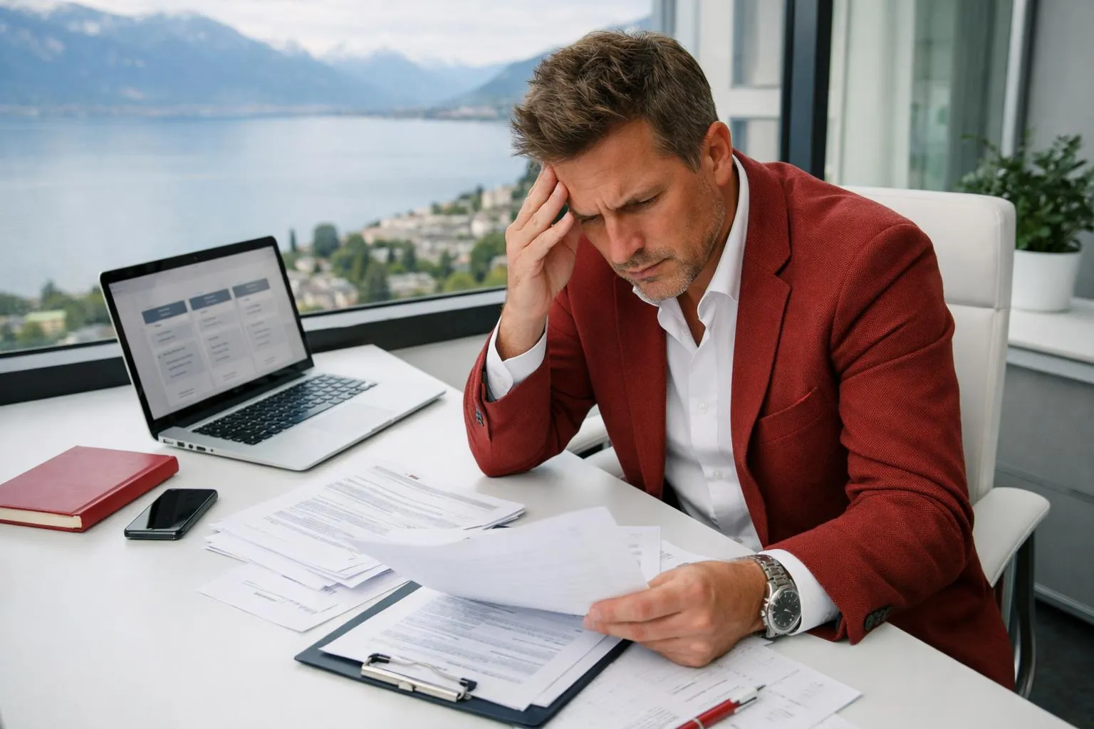 Homme d'affaires stressé travaillant sur des documents au bureau avec vue sur le lac.