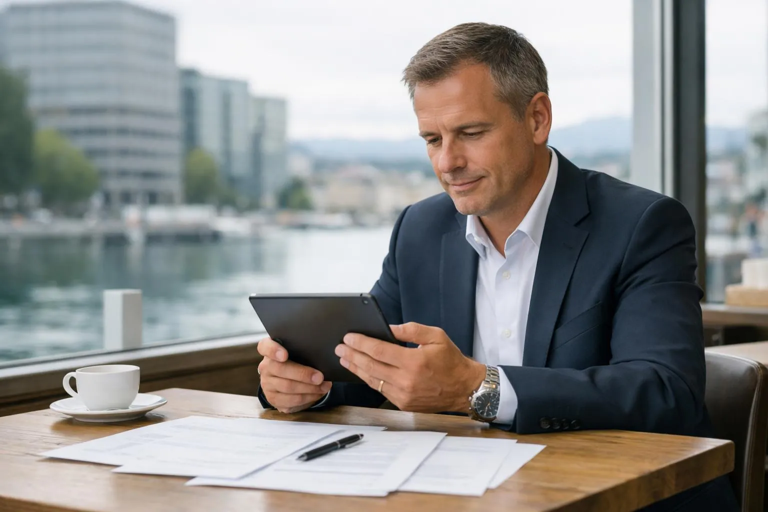 Homme d'affaires concentré utilisant une tablette dans un bureau avec vue sur la ville.