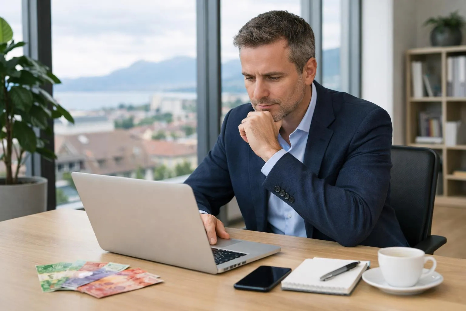 Homme d'affaires réfléchissant devant un ordinateur portable dans un bureau avec vue panoramique.