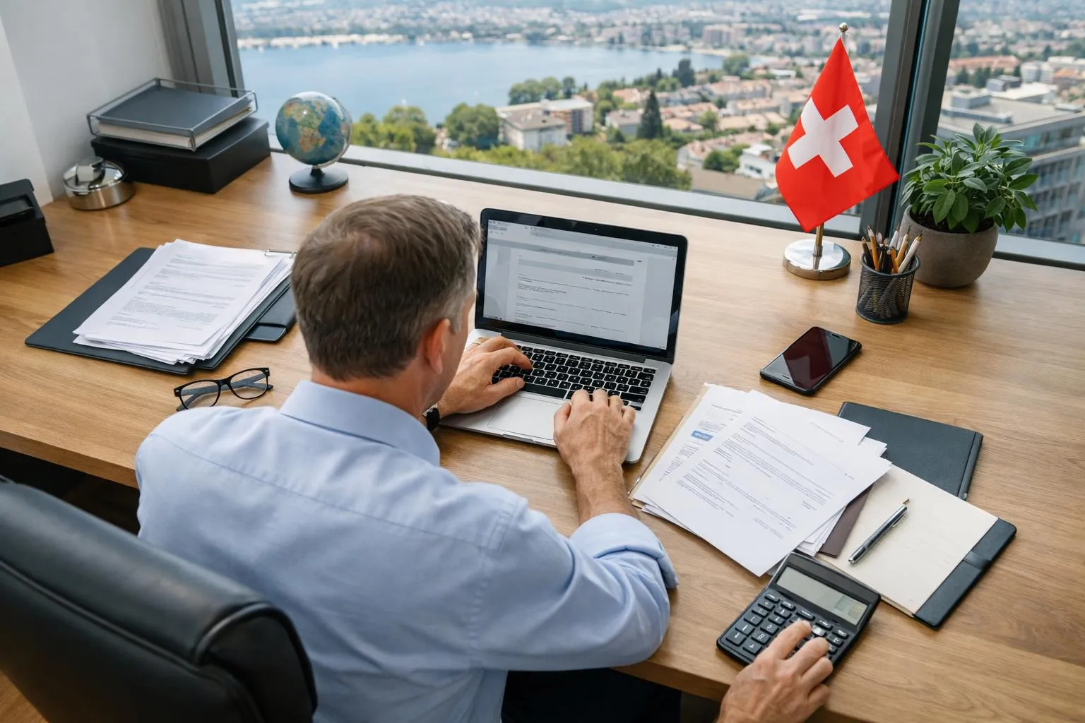 Homme d'affaires travaillant sur un ordinateur portable avec une vue panoramique sur la ville.