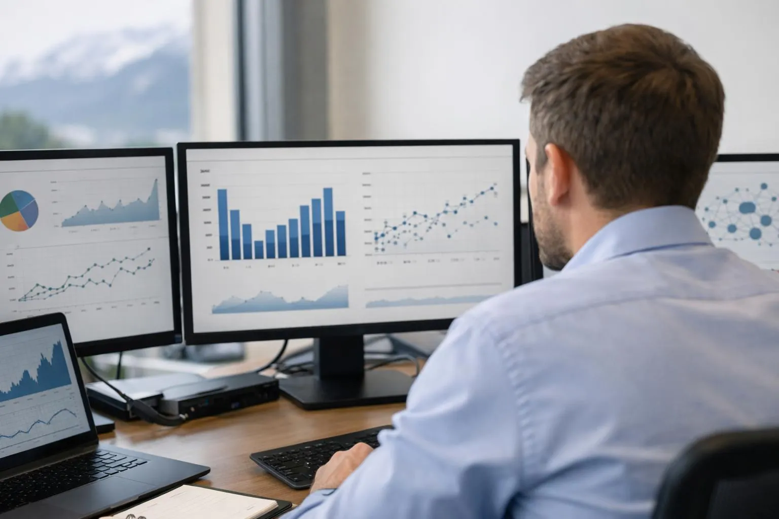 Homme analysant des graphiques et des données sur plusieurs écrans d'ordinateur.
